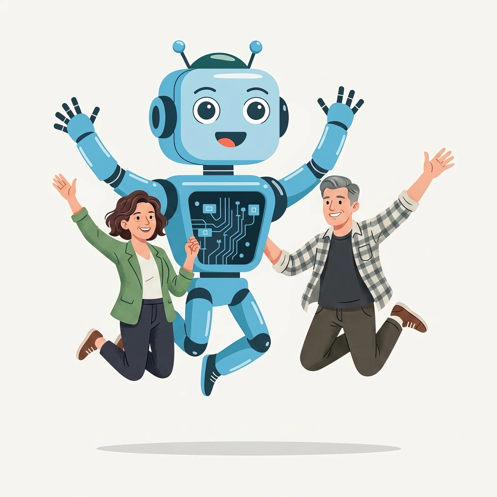 Two people and a friendly robot jumping together with joy — representing MyBrainBestie
